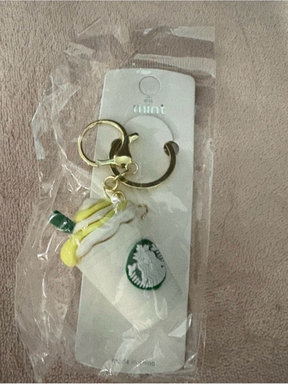 Mint White & Yellow Coffee Cup Keychain with Green Accent and Starbucks logo